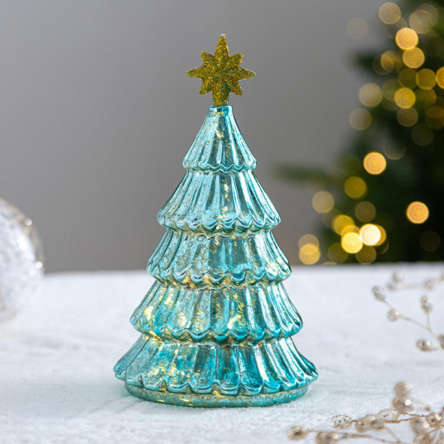 Illuminated Glass Christmas Tree Tabletop Light Up Christmas Tree Figurine for Xmas Home Party Centerpiece Tabletop Mantel Decor