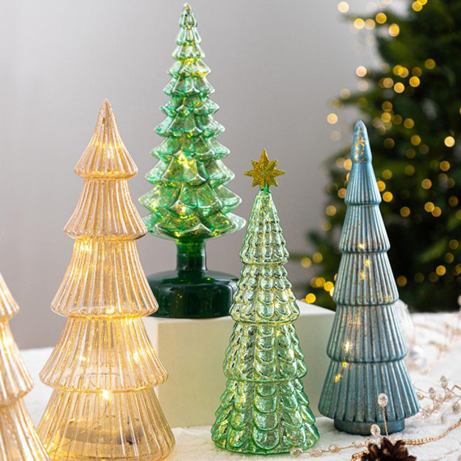 Illuminated Glass Christmas Tree Tabletop Light Up Christmas Tree Figurine for Xmas Home Party Centerpiece Tabletop Mantel Decor