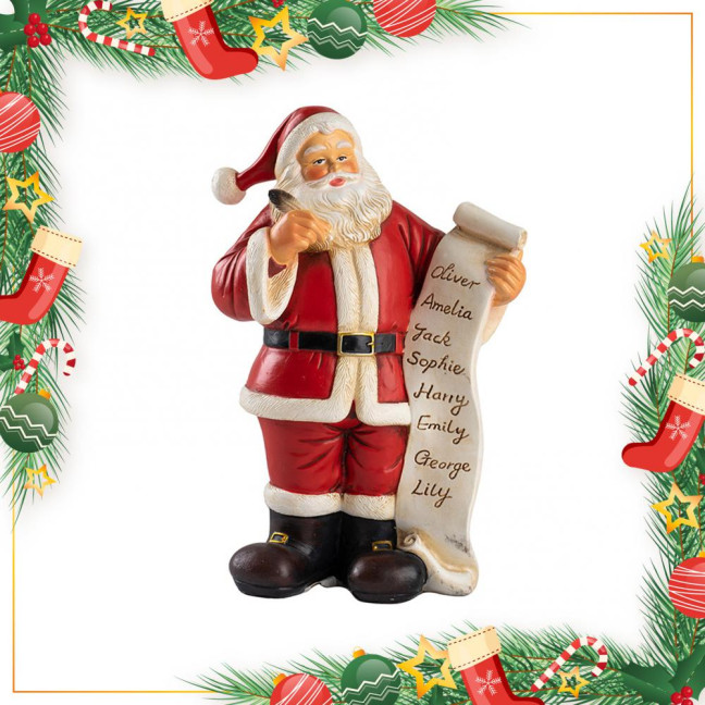Santa Claus Figurine Small Resin Santa Sculpture with Gift Bag/Wish List for Mantle Bookshelf Tabletop New Year Party Decoration