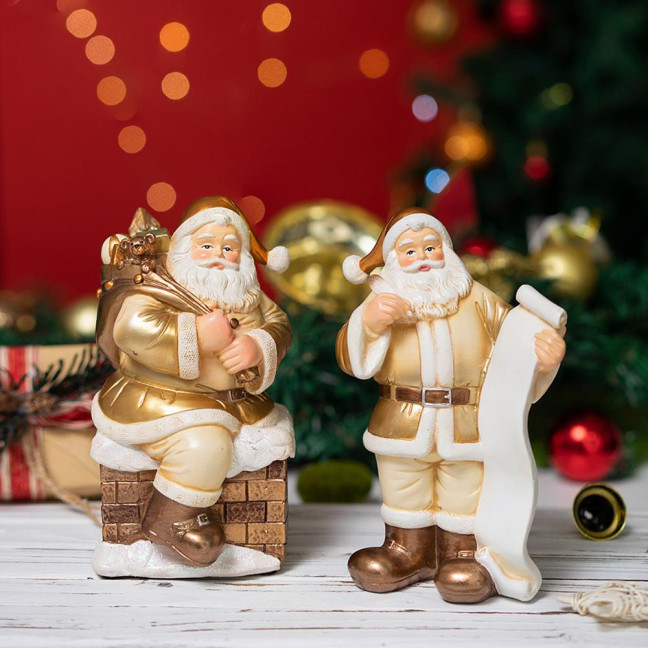 Santa Claus Figurine Small Resin Santa Sculpture with Gift Bag/Wish List for Mantle Bookshelf Tabletop New Year Party Decoration