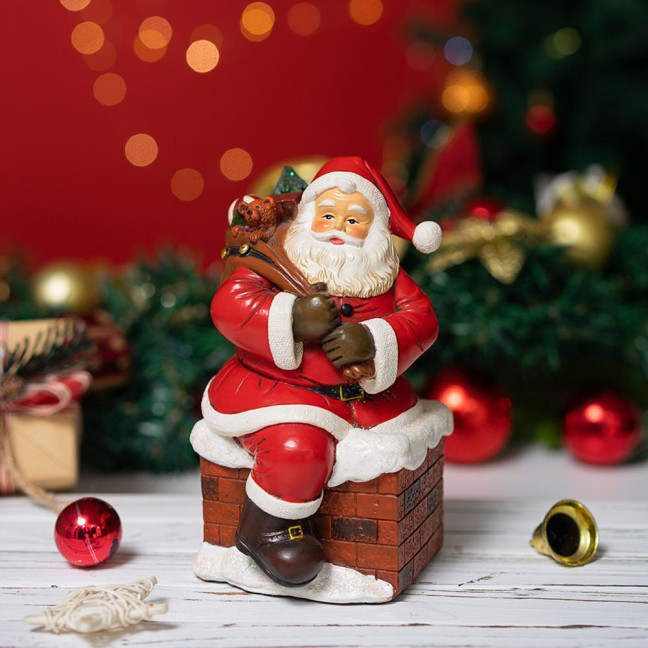 Santa Claus Figurine Small Resin Santa Sculpture with Gift Bag/Wish List for Mantle Bookshelf Tabletop New Year Party Decoration