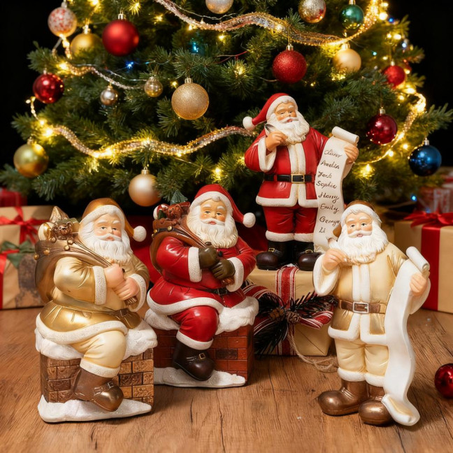 Santa Claus Figurine Small Resin Santa Sculpture with Gift Bag/Wish List for Mantle Bookshelf Tabletop New Year Party Decoration