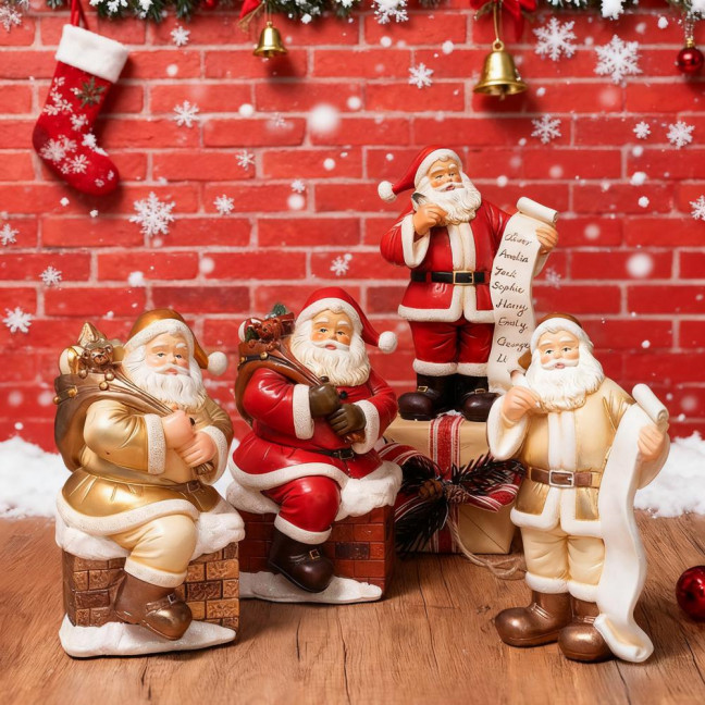 Santa Claus Figurine Small Resin Santa Sculpture with Gift Bag/Wish List for Mantle Bookshelf Tabletop New Year Party Decoration