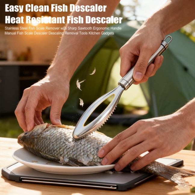 Stainless Steel Fish Scale Remover with Sharp Sawtooth Ergonomic Handle Manual Fish Scale Descaler Descaling Removal Tools Kitchen Gadgets 