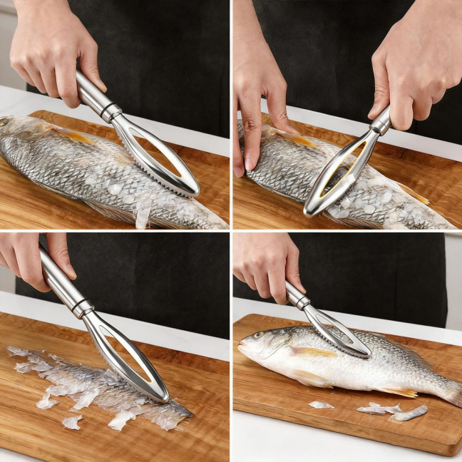 Stainless Steel Fish Scale Remover with Sharp Sawtooth Ergonomic Handle Manual Fish Scale Descaler Descaling Removal Tools Kitchen Gadgets 
