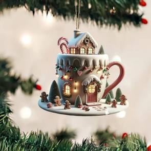 Coffee Cup Christmas Tree Ornaments 2D Acrylic Winter Snow House Hot Chocolate Mug Shape Hanging Decoration for Holiday Tree Decor