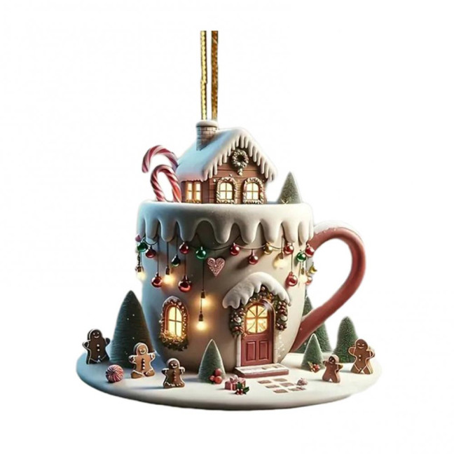 Coffee Cup Christmas Tree Ornaments 2D Acrylic Winter Snow House Hot Chocolate Mug Shape Hanging Decoration for Holiday Tree Decor