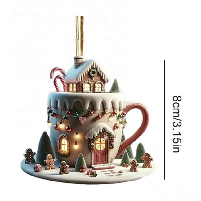 Coffee Cup Christmas Tree Ornaments 2D Acrylic Winter Snow House Hot Chocolate Mug Shape Hanging Decoration for Holiday Tree Decor