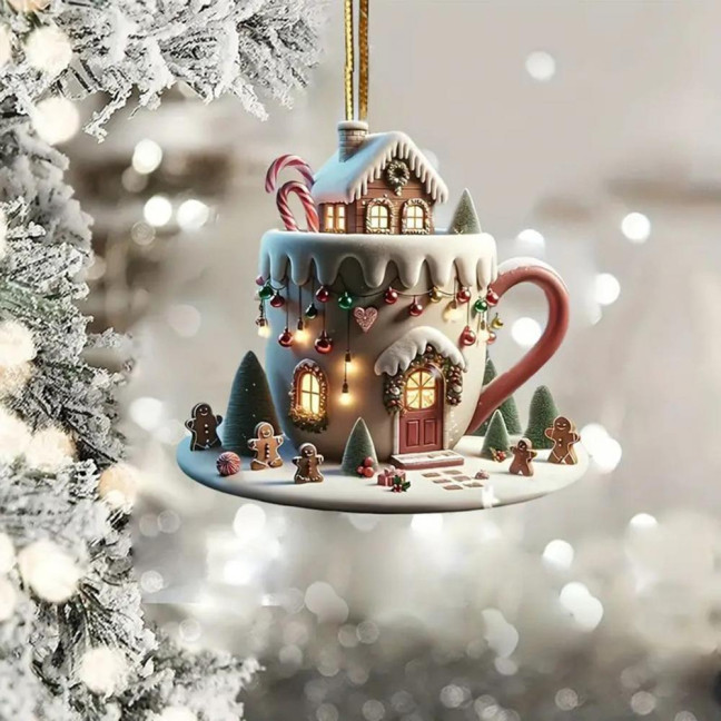 Coffee Cup Christmas Tree Ornaments 2D Acrylic Winter Snow House Hot Chocolate Mug Shape Hanging Decoration for Holiday Tree Decor