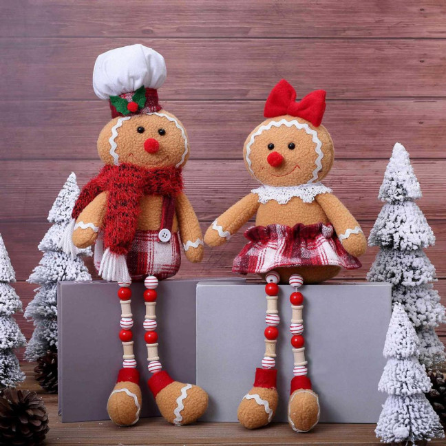 Christmas Doll Large Size Plush Gingerbread Man Boy Girl Figures with Chef Hat Bowknot Ornament Window Holiday Xmas Decoration