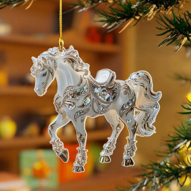 Horse Ornament Sparkly Rhinestone Horse Christmas Tree Ornament 2D Acrylic Pendant Holiday Keepsake Gifts for Women Girls Horse Lovers