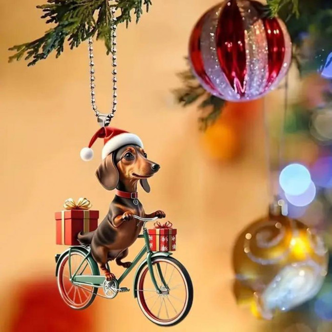 Christmas Ornament Funny Bicycle Dog Pendant Acrylic 2D Cartoon Animal Hanging Decoration for Xmas Tree Home Car Decor