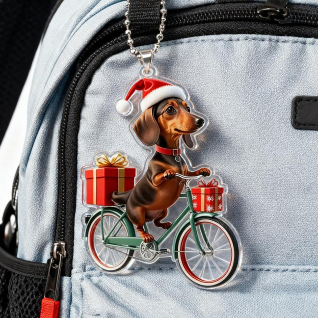 Christmas Ornament Funny Bicycle Dog Pendant Acrylic 2D Cartoon Animal Hanging Decoration for Xmas Tree Home Car Decor