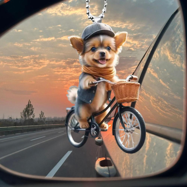 Christmas Ornament Funny Bicycle Dog Pendant Acrylic 2D Cartoon Animal Hanging Decoration for Xmas Tree Home Car Decor