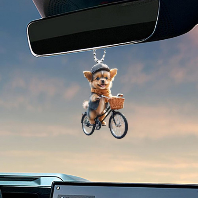 Christmas Ornament Funny Bicycle Dog Pendant Acrylic 2D Cartoon Animal Hanging Decoration for Xmas Tree Home Car Decor