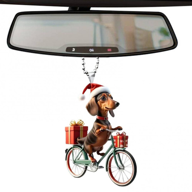 Christmas Ornament Funny Bicycle Dog Pendant Acrylic 2D Cartoon Animal Hanging Decoration for Xmas Tree Home Car Decor