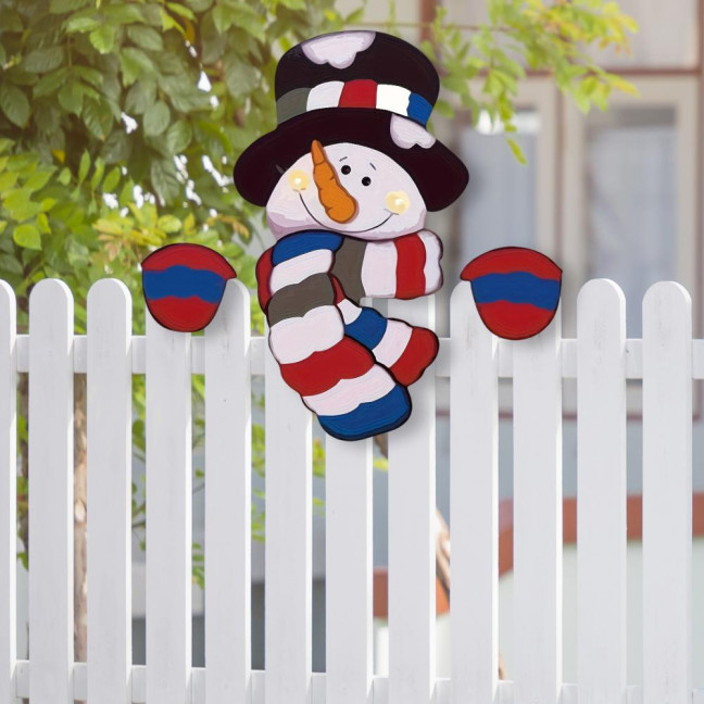 Snowman Fence Peeker Christmas Decoration Funny Wooden Christmas Fence Ornament Cute Snowman Peeking Yard Sign for Garden Courtyard Wall Holiday Home Decor