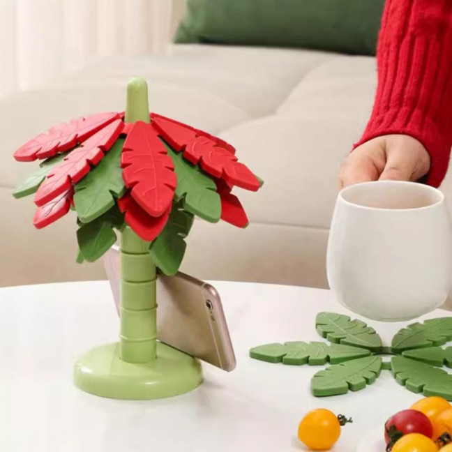 Tree Leaf Shape Placemat with Stand Waterproof Heat-Resistant Coasters Non-Slip Kitchen Mats Festive Table Art Decor