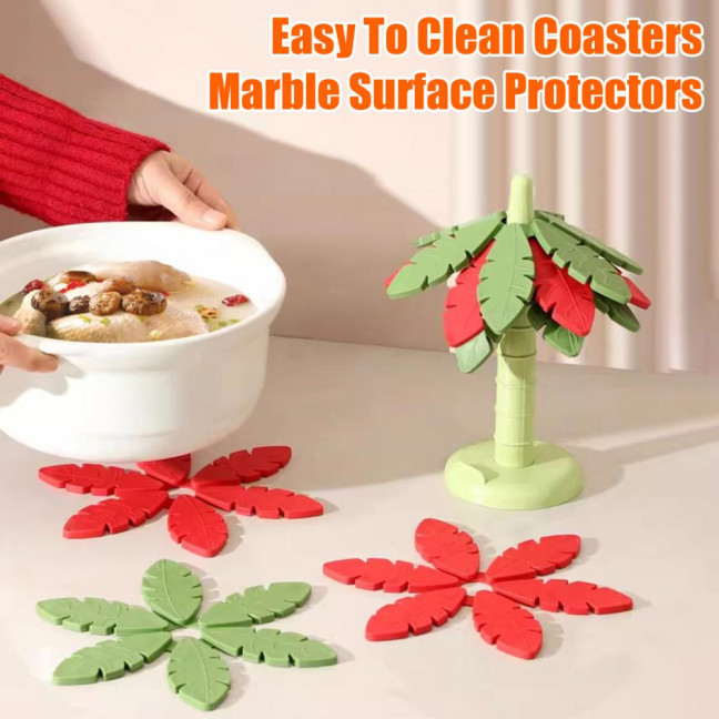 Tree Leaf Shape Placemat with Stand Waterproof Heat-Resistant Coasters Non-Slip Kitchen Mats Festive Table Art Decor
