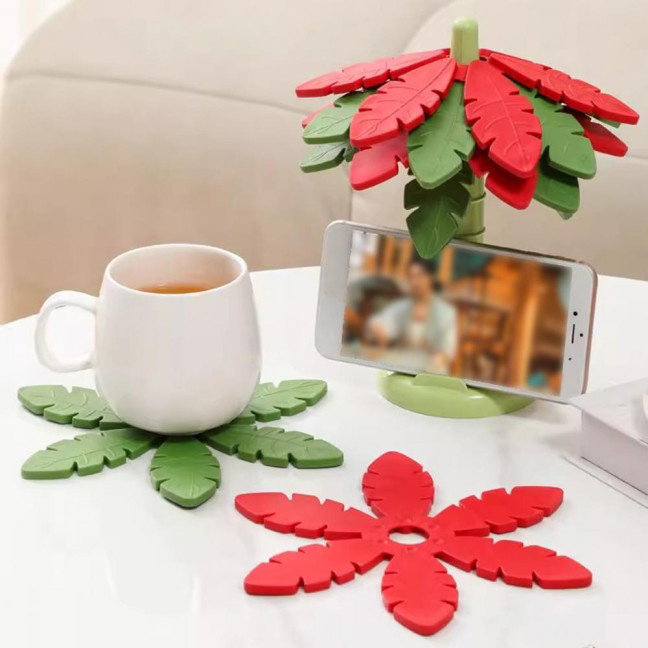 Tree Leaf Shape Placemat with Stand Waterproof Heat-Resistant Coasters Non-Slip Kitchen Mats Festive Table Art Decor
