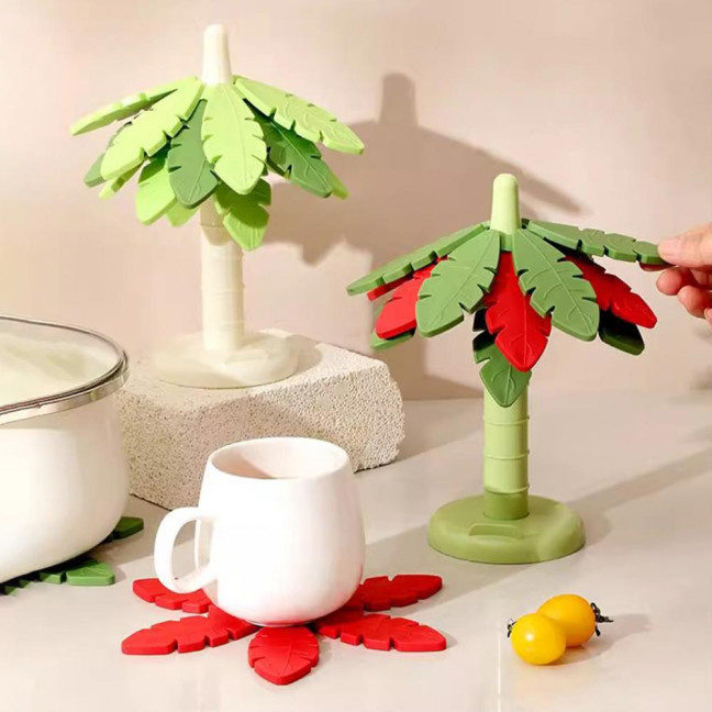 Tree Leaf Shape Placemat with Stand Waterproof Heat-Resistant Coasters Non-Slip Kitchen Mats Festive Table Art Decor