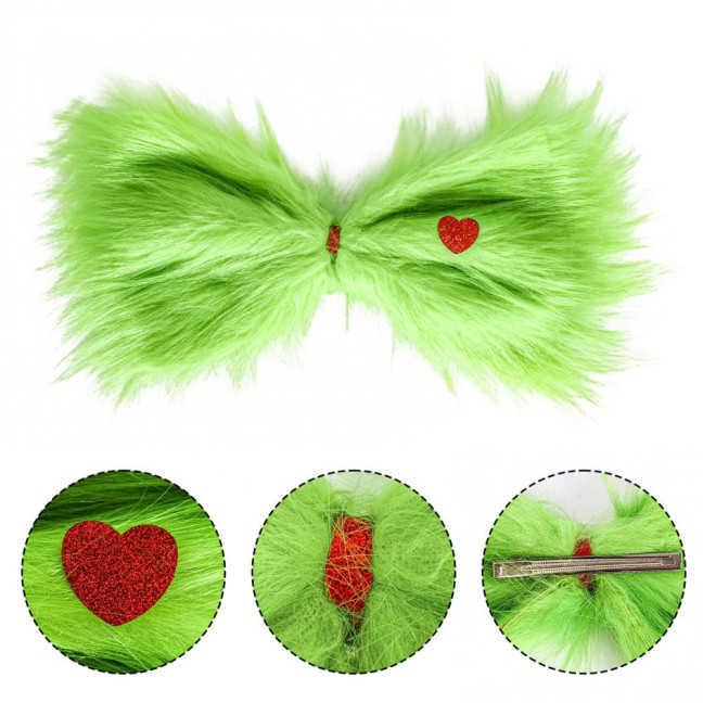 Christmas Green Furry Bow for Tree Large Green Furry Hair Bow with Red Heart Christmas Costume Accessories for Women Girls