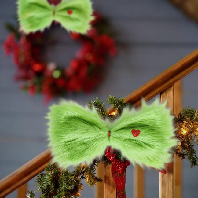 Christmas Green Furry Bow for Tree Large Green Furry Hair Bow with Red Heart Christmas Costume Accessories for Women Girls