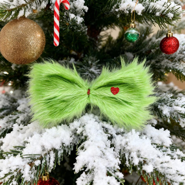 Christmas Green Furry Bow for Tree Large Green Furry Hair Bow with Red Heart Christmas Costume Accessories for Women Girls