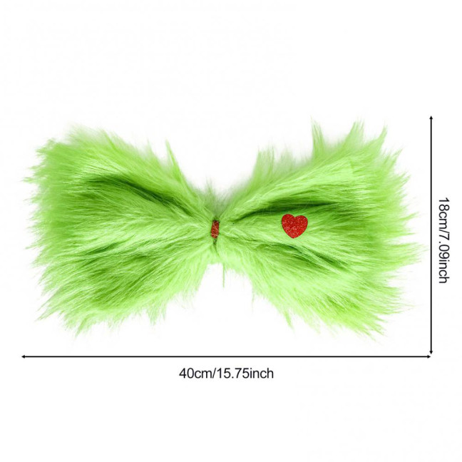 Christmas Green Furry Bow for Tree Large Green Furry Hair Bow with Red Heart Christmas Costume Accessories for Women Girls