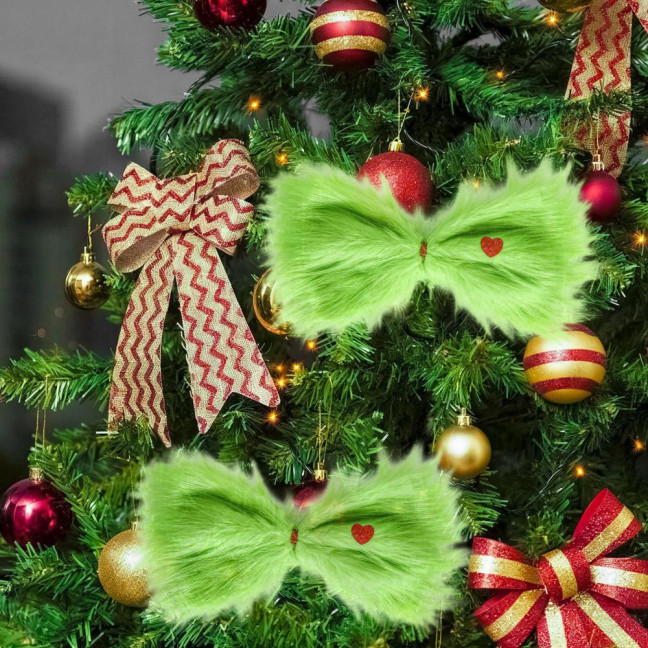 Christmas Green Furry Bow for Tree Large Green Furry Hair Bow with Red Heart Christmas Costume Accessories for Women Girls