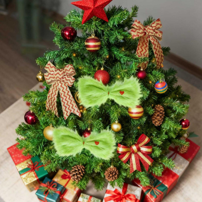 Christmas Green Furry Bow for Tree Large Green Furry Hair Bow with Red Heart Christmas Costume Accessories for Women Girls