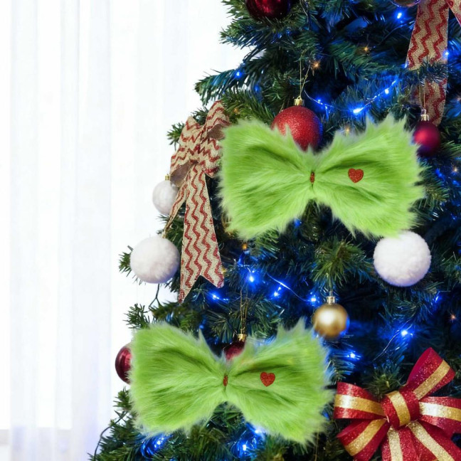 Christmas Green Furry Bow for Tree Large Green Furry Hair Bow with Red Heart Christmas Costume Accessories for Women Girls