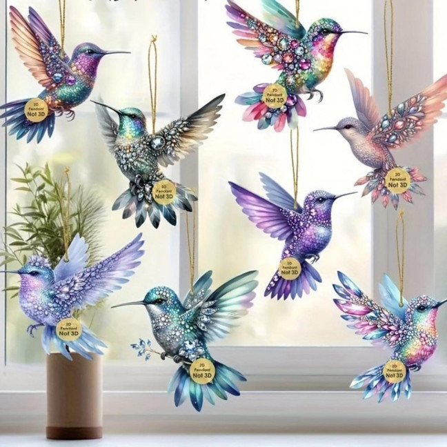 Hummingbird Christmas Ornaments 2D Acrylic Flying Bird Hanging Pendants for Christmas Tree Door Window Home Decor
