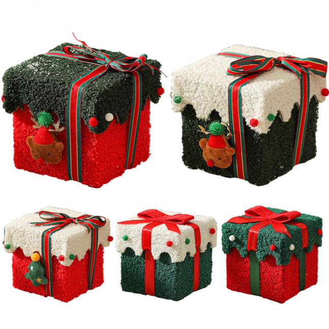 Christmas Gift Box Decoration Thick Velvet Gift Box with Bow Plush Xmas Candy Box for Holiday Home Garden Party Decor