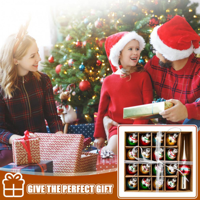 Christmas Mini Glass Ornaments Set Small Vintage Snowman Santa Tree Snowflake Candy Cane Ornaments for Xmas Tree Hanging Decor