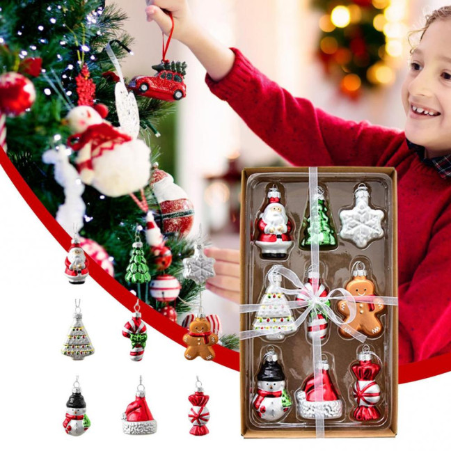 Christmas Mini Glass Ornaments Set Small Vintage Snowman Santa Tree Snowflake Candy Cane Ornaments for Xmas Tree Hanging Decor