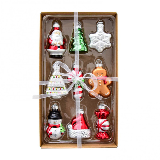 Christmas Mini Glass Ornaments Set Small Vintage Snowman Santa Tree Snowflake Candy Cane Ornaments for Xmas Tree Hanging Decor