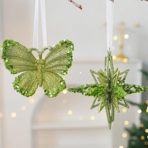 Glitter Christmas Ornaments Green Sequined Butterfly/Star/Reindeer Xmas Tree Hanging Decorations for Xmas Tree Holiday Home Party Decor