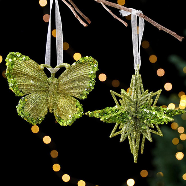 Glitter Christmas Ornaments Green Sequined Butterfly/Star/Reindeer Xmas Tree Hanging Decorations for Xmas Tree Holiday Home Party Decor Glitter Christmas Ornaments Green Sequined Butterfly/Star/Reindeer Xmas Tree Hanging Decorations for Xmas Tree Holiday Home Party Decor