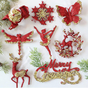 Glitter Sequined Christmas Ornament Red Snowflake/Butterfly/Star/Reindeer/Ballerina Hanging Decoration for Xmas Tree Doors Windows Walls Holiday Home Decor