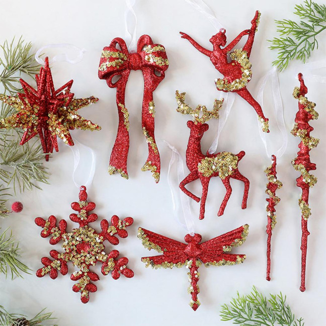 Glitter Sequined Christmas Ornament Red Snowflake/Butterfly/Star/Reindeer/Ballerina Hanging Decoration for Xmas Tree Doors Windows Walls Holiday Home Decor