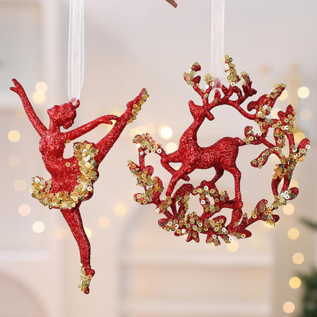 Glitter Sequined Christmas Ornament Red Snowflake/Butterfly/Star/Reindeer/Ballerina Hanging Decoration for Xmas Tree Doors Windows Walls Holiday Home Decor