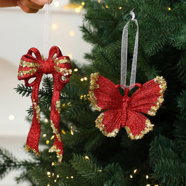 Glitter Sequined Christmas Ornament Red Snowflake/Butterfly/Star/Reindeer/Ballerina Hanging Decoration for Xmas Tree Doors Windows Walls Holiday Home Decor