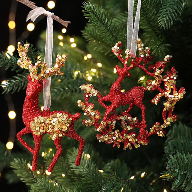 Glitter Sequined Christmas Ornament Red Snowflake/Butterfly/Star/Reindeer/Ballerina Hanging Decoration for Xmas Tree Doors Windows Walls Holiday Home Decor