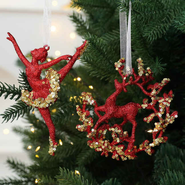 Glitter Sequined Christmas Ornament Red Snowflake/Butterfly/Star/Reindeer/Ballerina Hanging Decoration for Xmas Tree Doors Windows Walls Holiday Home Decor