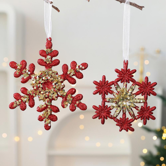Glitter Sequined Christmas Ornament Red Snowflake/Butterfly/Star/Reindeer/Ballerina Hanging Decoration for Xmas Tree Doors Windows Walls Holiday Home Decor