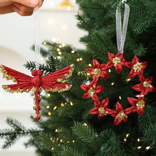 Glitter Sequined Christmas Ornament Red Snowflake/Butterfly/Star/Reindeer/Ballerina Hanging Decoration for Xmas Tree Doors Windows Walls Holiday Home Decor