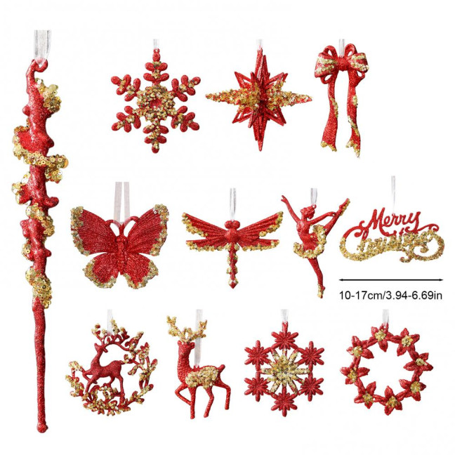 Glitter Sequined Christmas Ornament Red Snowflake/Butterfly/Star/Reindeer/Ballerina Hanging Decoration for Xmas Tree Doors Windows Walls Holiday Home Decor