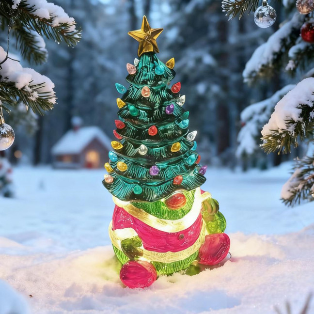 10 Inch Lighted Christmas Gnome Tree Resin Reindeer/Santa Dog Gnome Tree with LED Light for Home Office Fireplace Mantel Tabletop Decor 