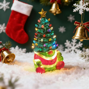 10 Inch Lighted Christmas Gnome Tree Resin Reindeer/Santa Dog Gnome Tree with LED Light for Home Office Fireplace Mantel Tabletop Decor 